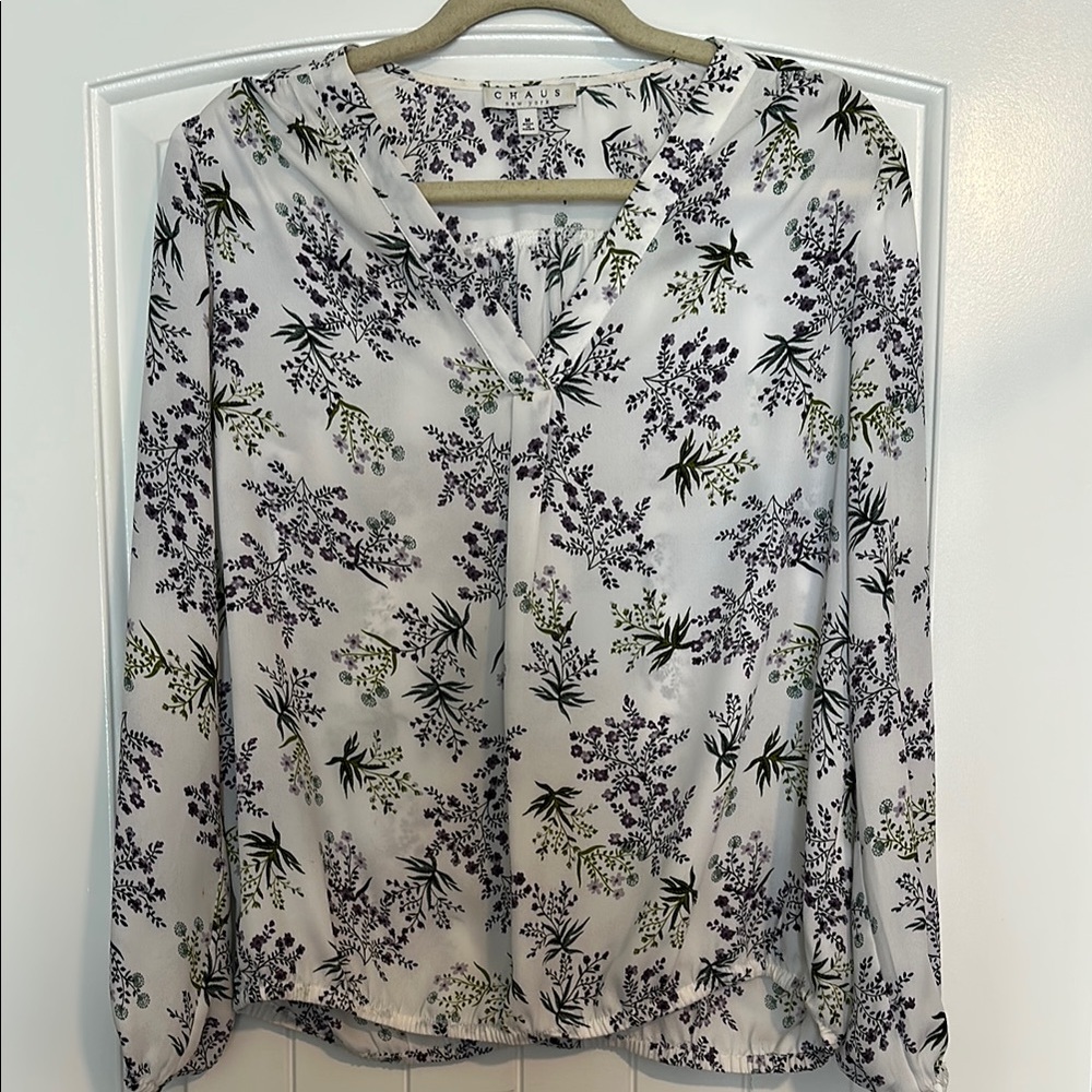 Chaus Purple and White Relaxed Blouse with Mandarin Collar